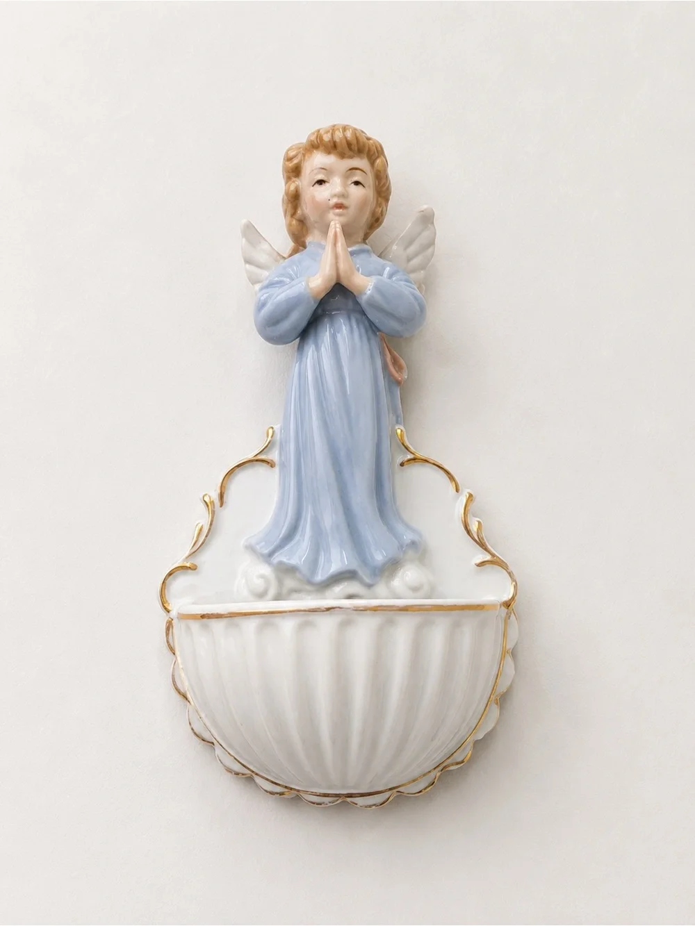 Porcelain Praying Angel Holy Water Font in Light Blue and White
